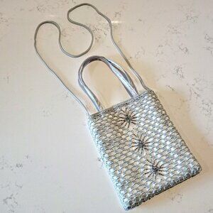 Signature Club A Silver Grey Satin Beaded Cross Body Bag